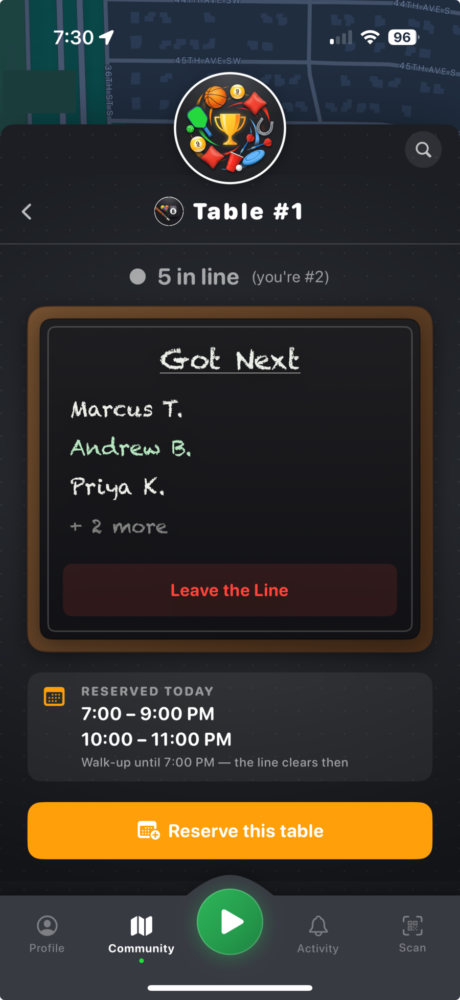 Scorebox station screen — a live waitlist and the day's reservations