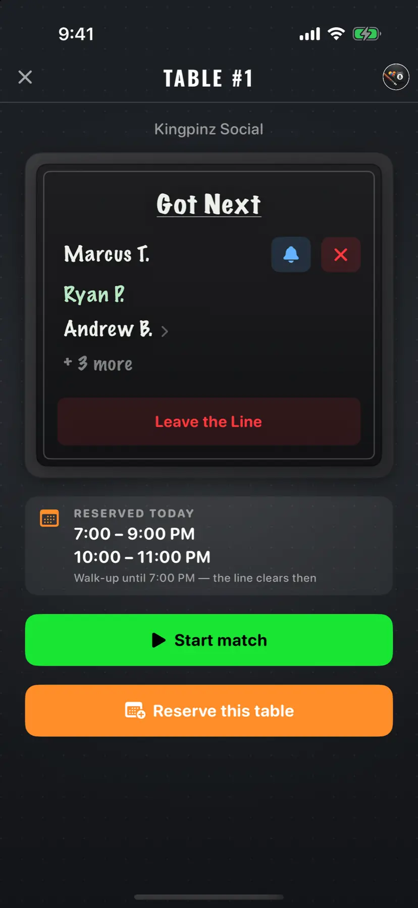 Scorebox station screen — a live waitlist and the day's reservations